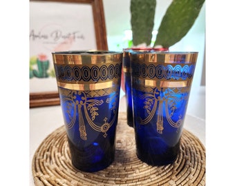 Vintage Set of Four COBALT BLUE and GOLD Glass Juice/Tea Glasses