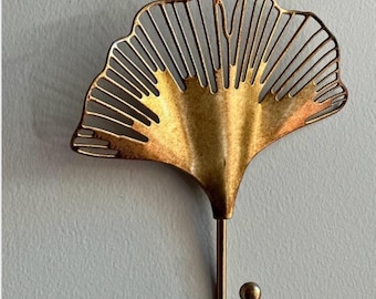 Gold Ginkgo Leaf Metal Wall Hook, Nature Inspired Towel Decor, Flower Design Coat Hanger