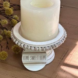 Sale/ Distressed white beaded farmhouse candle stand, White Distressed Wood Pillar Candle Holder, Candle stand, Candle pillar, Candle decor