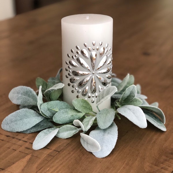 ON SALE/Lambs Ear Greenery Candle Ring Mini Wreath Wreath for Spring, Year Round Rustic Farmhouse Home Decor, Wedding  centerpiece