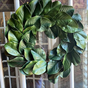 On Sale/MAGNOLIA Wreath, Large 23-25&quot; Magnolia leaf door wreath, Housewarming wreath, Farmhouse wreath,wedding gift, Wreath with burlap bow