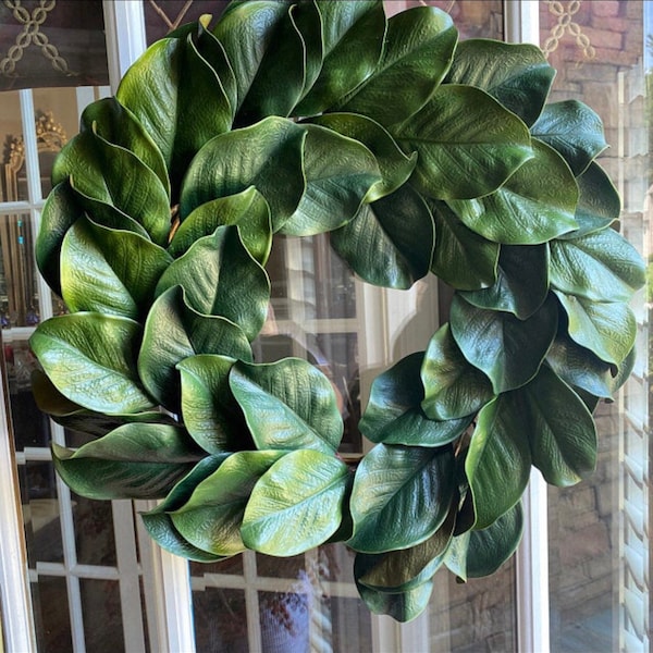 On Sale/MAGNOLIA Wreath, Large 23-25" Magnolia leaf door wreath, Housewarming wreath, Farmhouse wreath,wedding gift, Wreath with burlap bow