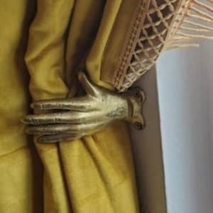 Gold Hand Hook, Curtain Holdback, Wall Hooks, Wall Hook, Coat Hook, Curtain Tie backs, Cast Iron Hand Hook, Metal Tie back, Metal Hand pull,