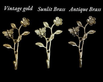 Bee Flower Wall Hook: Antique Brass or Vintage Gold Finish (20 colors)