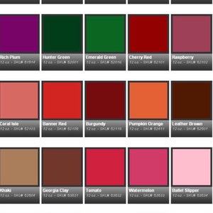 May include: A chart of 20 paint colors with their names and corresponding SKU numbers. The colors are arranged in a grid of five columns and four rows. The colors include Sun Yellow, Regal Blue, Navy Blue, True Blue, Purple, Rich Plum, Hunter Green, Emerald Green, Cherry Red, Raspberry, Coral Isle, Banner Red, Burgundy, Pumpkin Orange, Leather Brown, Khaki, Georgia Clay, Tomato, Watermelon, Ballet Slipper, Tuscan Sunset, Fresh Salmon, Bright Idea, Sweet Cream, and Hosta Leaf.