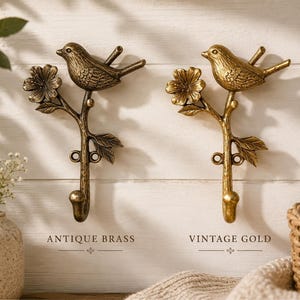 Brass Bird Flower Wall Hook, Vintage Gold Finish