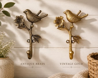 Brass Bird Flower Wall Hook, Vintage Gold Finish