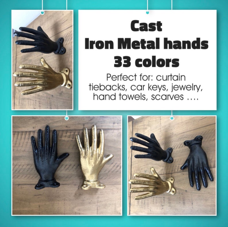 Peut inclure: Quatre crochets en forme de main en fonte noire et dor&eacute;e. Les crochets sont mont&eacute;s sur une surface en bois. Le texte "Cast Iron Metal Hands 33 Colors" est affich&eacute; au-dessus des crochets. Le texte "Parfait pour : attaches de rideaux, cl&eacute;s de voiture, bijoux, serviettes, &eacute;charpes..." est affich&eacute; en dessous des crochets.
