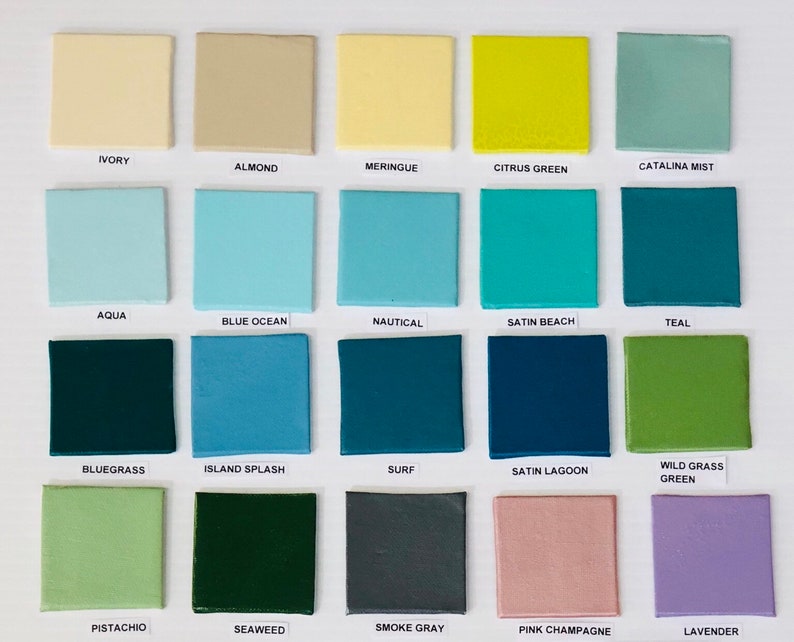 May include: A color chart with 20 paint color swatches. The colors include ivory, almond, meringue, citrus green, catalina mist, aqua, blue ocean, nautical, satin beach, teal, bluegrass, island splash, surf, satin lagoon, wild grass green, pistachio, seaweed, smoke gray, pink champagne, and lavender.
