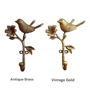 Brass Bird Flower Wall Hook, Vintage Gold Finish