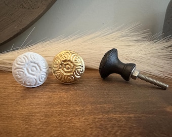 Embossed White Metal Knob - Shabby Chic Dresser Hardware