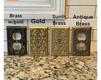Ornate Metal Outlet Cover, Brass Switch Plate, Free Screws
