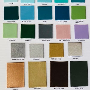 May include: A color chart with 25 different paint colors, including ivory, almond, meringue, citrus green, teal, blue ocean, smoke gray, lavender, metallic gold, chrome, copper, pure gold, metallic rust, Italian olive, sea mist, sparkling waters, and citrus dream.