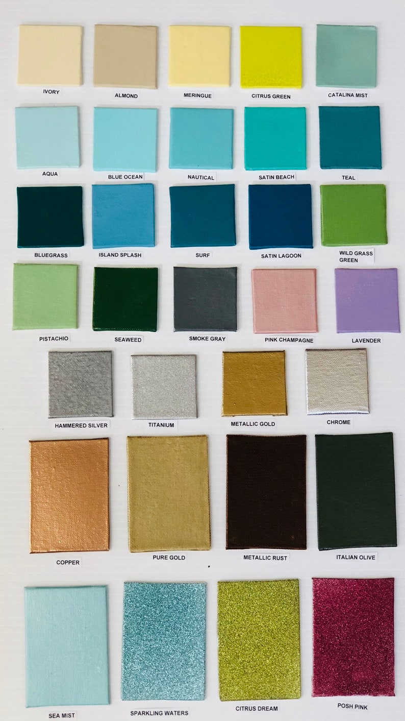 May include: A color chart with 25 different paint colors, including ivory, almond, meringue, citrus green, teal, blue ocean, smoke gray, lavender, metallic gold, chrome, copper, pure gold, metallic rust, Italian olive, sea mist, sparkling waters, and citrus dream.