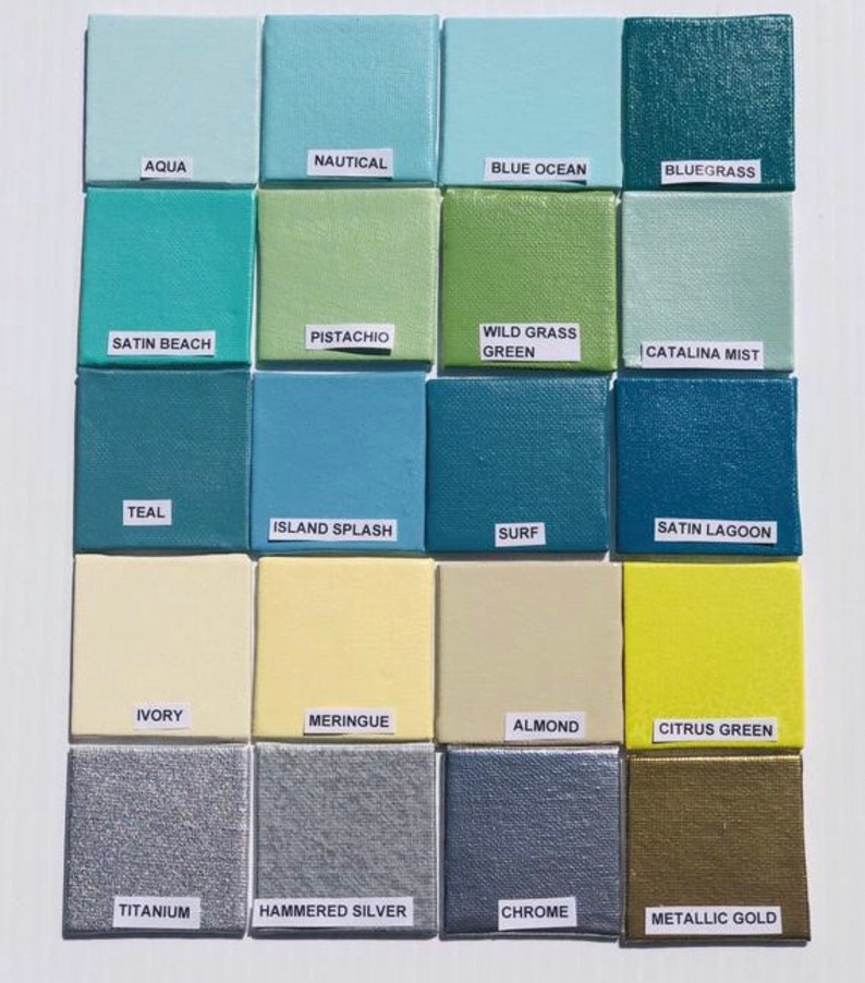 May include: A color chart with 16 paint swatches, each labeled with a color name. The colors include aqua, nautical, blue ocean, bluegrass, pistachio, satin beach, wild grass green, catalina mist, teal, island splash, surf, satin lagoon, ivory, meringue, almond, citrus green, titanium, hammered silver, chrome, and metallic gold.