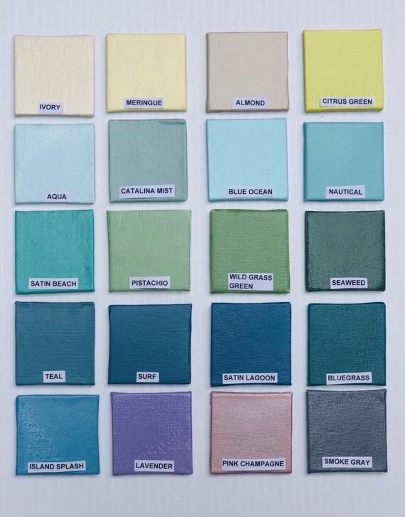 May include: A color chart with 16 paint swatches, each labeled with a color name. The colors include ivory, meringue, almond, citrus green, aqua, catalina mist, blue ocean, nautical, satin beach, pistachio, wild grass green, seaweed, teal, surf, satin lagoon, bluegrass, island splash, lavender, pink champagne, and smoke gray.