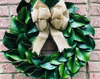 SALE/MAGNOLIA Wreath, Large 23-25" Magnolia leaf door wreath, Housewarming wreath, Farmhouse wreath,wedding gift, Wreath with burlap bow,