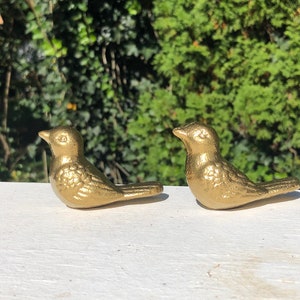 May include: Two gold-painted metal bird figurines. The birds are facing each other and have a detailed design.