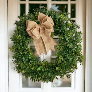 Front door Farmhouse Wreath, Boxwood wreath, Green leaf wreath, burlap bow,Housewarming gift, Fixer upper wreath, Bride gift. 20-22&quot;