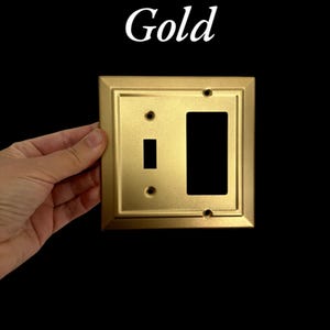 May include: Gold-colored light switch and outlet cover plate with a decorative border. The plate has a single toggle switch and a single outlet.