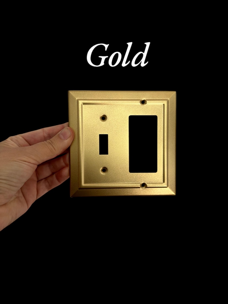 May include: Gold-colored light switch and outlet cover plate with a decorative border. The plate has a single toggle switch and a single outlet.
