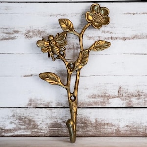 Brass or Gold Bee Flower Wall Hook for Towels, keys, Coats, Robes, Jewelry