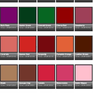 May include: A color chart with 20 paint color swatches. Each swatch is labeled with the color name and SKU number. The colors include Sun Yellow, Regal Blue, Navy Blue, True Blue, Purple, Rich Plum, Hunter Green, Emerald Green, Cherry Red, Raspberry, Coral Isle, Banner Red, Burgundy, Pumpkin Orange, Leather Brown, Khaki, Georgia Clay, Tomato, Watermelon, Ballet Slipper, Tuscan Sunset, Fresh Salmon, Bright Idea, Sweet Cream, and Hosta Leaf.
