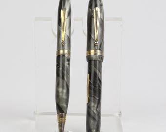 Welsharp Mini Fountain Pen and Pencil Set, Gray and Black Marbled, Under 4"