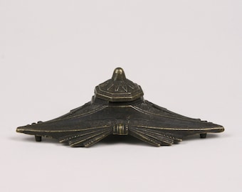 Patinated Brass Inkwell, Diminutive Solid Brass With Ceramic Well and Loose Cover