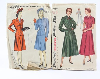 Two 1940s Sewing Patterns, DuBarry Suits and Simplicity Printed Pattern Dresses, WWII Sewing