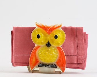 Kitschy Owl Napkin Holder, Orange Yellow Resin, 1969 Halloween Decor