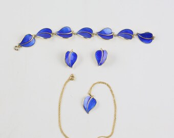 Mid-Century Norwegian Sterling Silver Blue Enamel Leaf Jewelry Set, Gilt, Estate Collection