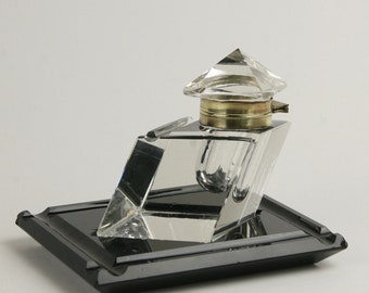 Art Deco Stretched Diamond form Covered Inkwell and Black Glass Base