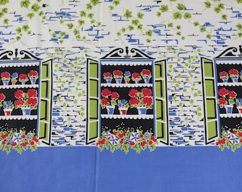 Vintage Border Print Kitchen Curtain Fabric, 6 Plus Yards in 2 Pieces, c. 1950s, Windows Flowers and Bricks, Scarce Design