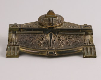 Solid Brass Inkwell: Floral Architectural Design with Pen Rest