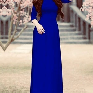 May include: A royal blue long-sleeved dress with a round neckline. The dress is floor-length and has a simple, elegant design.