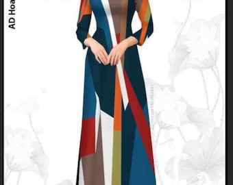 May include: A long, teal blue dress with a geometric pattern in shades of orange, red, white, brown, and green. The dress has a mandarin collar and long sleeves.