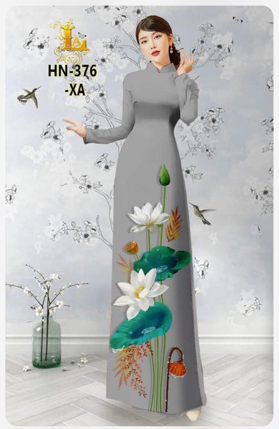 Custom Made Size S to 7XL Vietnamese Ao Dai Set, Hoa Sen,Áo Dài 