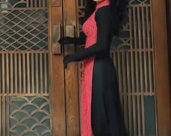Wykonane na zamówienie Rozmiar S do 4XL /Áo dài thân sau czarny, wietnamski Ao Dai Đồng phục, Áo dài Phu dâu Wedding dla kobiet, Ao Dai dla dziewczynek