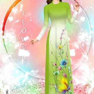 Könnte beinhalten: Eine Frau trägt ein langes, grün-weißes Kleid mit Blumenmuster. Das Kleid hat einen Farbverlauf von Grün zu Weiß. Die Frau lächelt und schaut nach rechts. Der Hintergrund ist zartrosa und blau mit einem weißen Kreis, in dessen Mitte "FLOWER" steht.