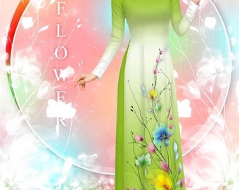 May include: A woman wearing a long, green and white dress with a floral print. The dress has a gradient from green to white. The woman is smiling and looking to the right. The background is a soft pink and blue with a white circle that says "FLOWER" in the center.