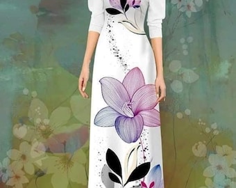 May include: White maxi dress with a floral print featuring pink, purple, and black flowers. The dress has a square neckline and 3/4 sleeves.