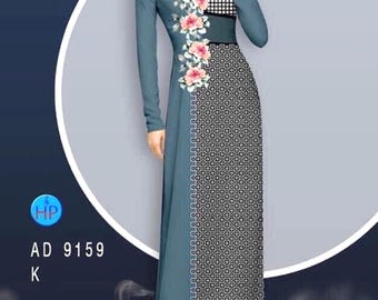May include: A long-sleeved blue dress with a black and white geometric pattern and pink floral design. The dress has a round neckline and long sleeves. AD 9159 K