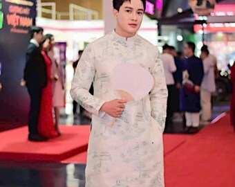 Gotowy do wysyłki, rozmiar S do 2X, męski, Tafta Gam Thêu Ao Dai… Top/gotowy tradycyjny wietnamski Ao Dai, Ao Dai dla taty i chłopca