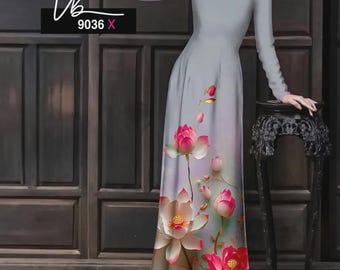Wykonane na zamówienie Rozmiar S do 7XL Wietnamski zestaw Ao Dai, Hoa sen, Áo dài truyen stringi /Ao Dai dla dziewczynek, Ao Dai dla kobiet, Ao dai Wietnam.