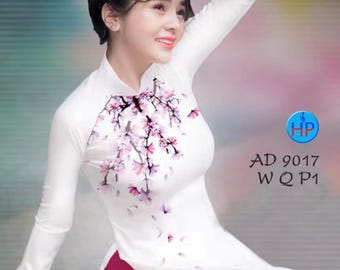 Custom Made Vietnamese Ao Dai Dress, Peach Blossom, Silk Fabric, Full Set