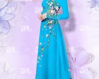 May include: A woman wearing a light blue dress with a floral pattern. The dress has long sleeves and a high neckline. She is wearing a white headband and has her hair pulled back. The background is a light purple with a floral pattern.