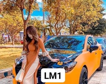 May include: A woman in a brown and beige dress stands next to a bright orange car. The car has black accents and black wheels. The car has a black license plate with the letters "LM1" on it.