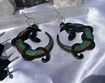 holo crescent moon snake handmade resin earrings | holographic | rainbow