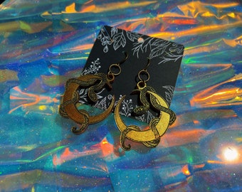 crescent moon snake color shift hand made resin earrings | "golden" shade chameleon color shift | gold green blue